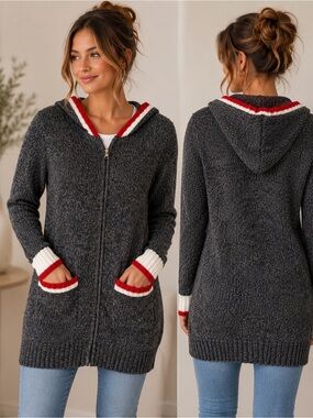 Charcoal Knit Hooded Cardigan with Red & White Trim
